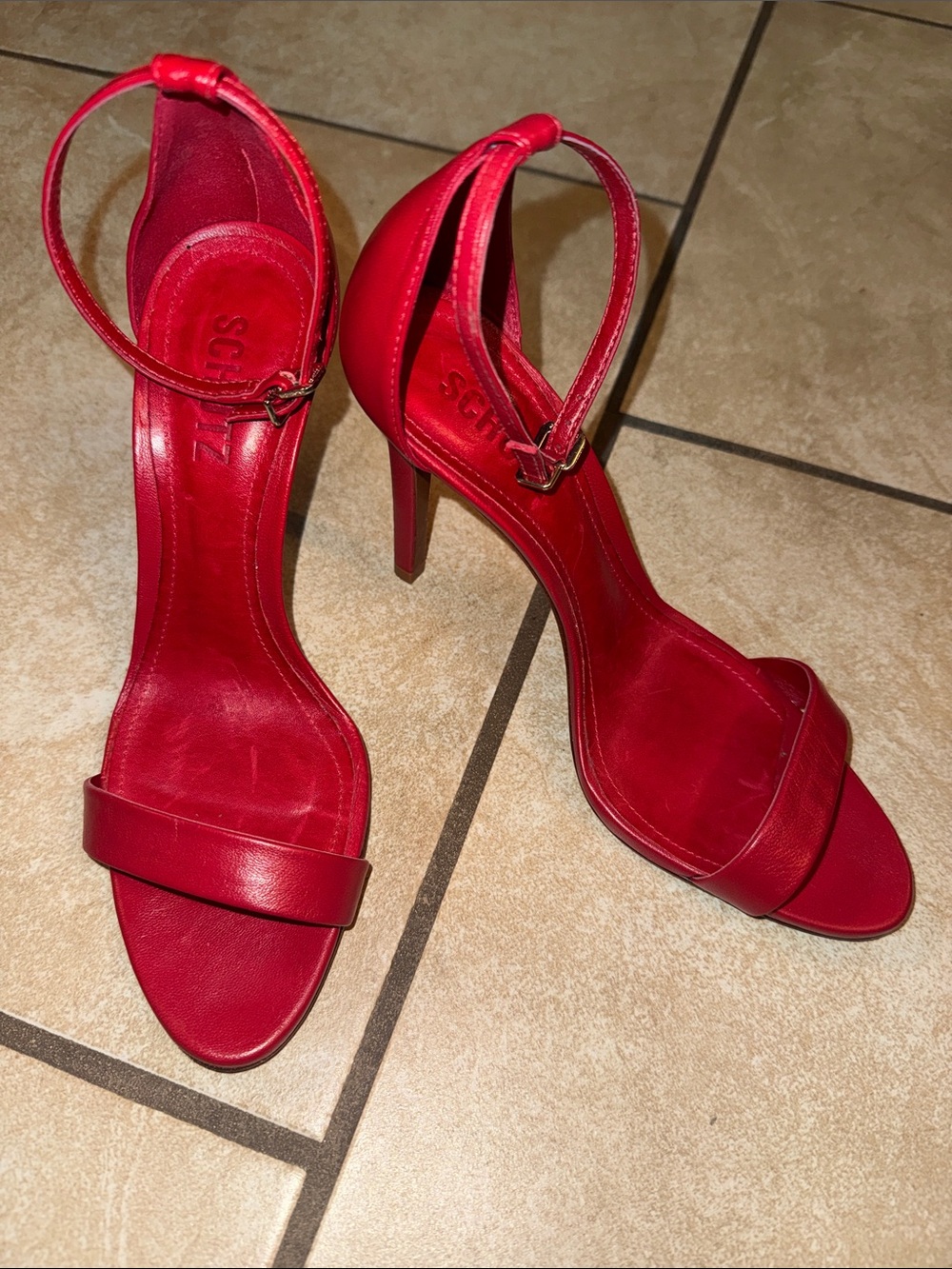 SCHUTZ Red Open-Toe Ankle-Strap Stiletto Heels